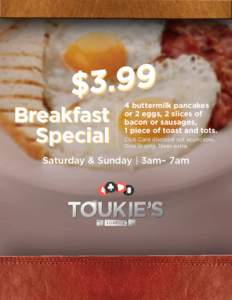 Breakfast Special 4 buttermilk pancakes or 2 eggs, 2 slices of bacon or sausages,