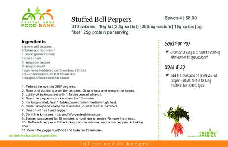 Stuffed Bell Peppers  Serves 4 | $[removed]calories | 16g fat (3.5g sat fat) | 390mg sodium | 18g carbs | 3g fiber | 25g protein per serving