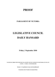 PROOF  PARLIAMENT OF VICTORIA LEGISLATIVE COUNCIL DAILY HANSARD