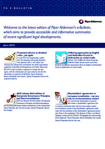 [ PA U EB -LBI U C LA LT EI T O INN N A M E ] P  Welcome to the latest edition of Piper Alderman’s e-Bulletin,