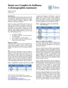 Same-sex Couples in Indiana: A demographic summary by Gary J. Gates August 2014 Introduction This research brief offers analyses of data from the US