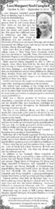 Loes Margaret Noel Campbell October 6, 1927 – September 8, 2014 Loes Margaret Campbell passed away on Monday, Sept. 8, 2014 at her home in Fredericksburg.