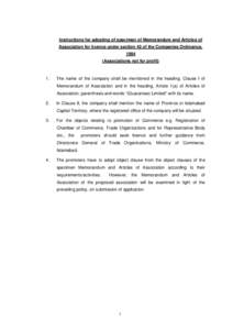 Instructions for adopting of specimen of Memorandum and Articles of Association for licence under section 42 of the Companies Ordinance, 1984 (Associations not for profit)  1.