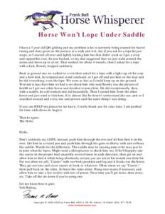 Horse Won’t Lope Under Saddle I have a 7 year old QH gelding and my problem is he is currently being trained for barrel racing and does great on the pattern at a walk and trot, but if you ask for a lope he just stops, 