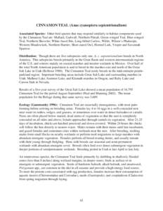 CINNAMON TEAL (Anas cyanoptera septentrionalium) Associated Species: Other bird species that may respond similarly to habitat components used by the Cinnamon Teal are: Mallard, Gadwall, Northern Pintail, Green-winged Tea