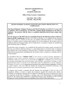 REQUEST FOR PROPOSALS FOR BANKING SERVICES Office of State Treasurer Young Boozer Issue Date: May 1, 2014 Due Date: May 28, 2014