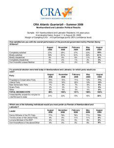 CRA Atlantic Quarterly® – Summer 2009 Newfoundland and Labrador Political Results Sample: 401 Newfoundland and Labrador Residents (18 years plus)