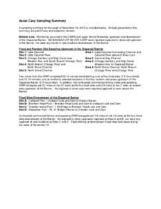 Asian Carp Sampling Summary A sampling summary for the week of November 19, 2012 is included below. All data presented in this summary are preliminary and subject to revision. Bottom Line: Monitoring occurred in the CAWS