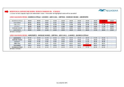 MODIFICHE AL SERVIZIO NEI GIORNI / SERVICE CHANGES ON: Le corse verrano sospese negli orari evidenziati in rosso! / Hereunder red highlighted routes will be cancelled! LINEA ALILAGUNA ROSSA: GIUDECCA ZITELLE -