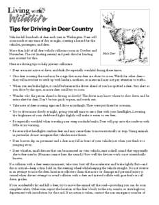 Tips for Driving in Deer Country Vehicles kill hundreds of deer each year in Washington. Deer will cross roads at any time of day or night, creating a hazard for the