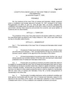Page 1 of 12 CONSTITUTION AND BYLAWS OF THE IOWA TRIBE OF KANSAS AND NEBRASKA (as amended August 27, 1980) PREAMBLE We, the members of the Iowa Tribe of Kansas and Nebraska, initially organized