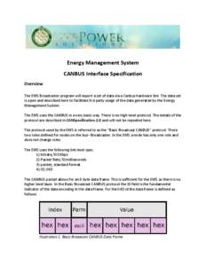 Energy Management System CANBUS Interface Specification Overview The EMS Broadcaster program will export a set of data via a Canbus hardware link. The data set is open and described here to facilitate 3rd party usage of 