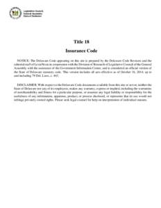 Legislative Council, General Assembly State of Delaware Title 18 Insurance Code