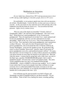 Meditation on Ancestors Jon Cleland Host, by now lights have dimmed from 100 % during announcement, down to 60% during candle lighting to remember people, down to 20 % now) Sit comfortably, we are going to spen
