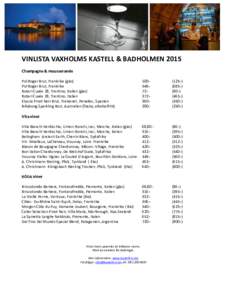 VINLISTA VAXHOLMS KASTELL & BADHOLMEN 2015 Champagne & mousserande Pol Roger Brut, Frankrike (glas) Pol Roger Brut, Frankrike Rotari Cuvée 28, Trentino, Italien (glas) Rotari Cuvée 28, Trentino, Italien