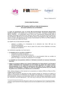 CQ de presse Code de transparence - AFG FIR Eurosif
