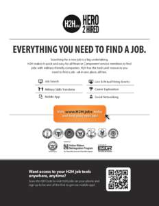 EVERYTHING YOU NEED TO FIND A JOB. Searching for a new job is a big undertaking. H2H makes it quick and easy for all Reserve Component service members to find jobs with military-friendly companies. H2H has the tools and 