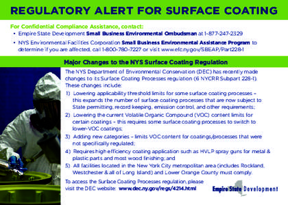 REGULATORY ALERT FOR SURFACE COATING For Confidential Compliance Assistance, contact: • Empire State Development Small Business Environmental Ombudsman at[removed] • NYS Environmental Facilities Corporation Sma