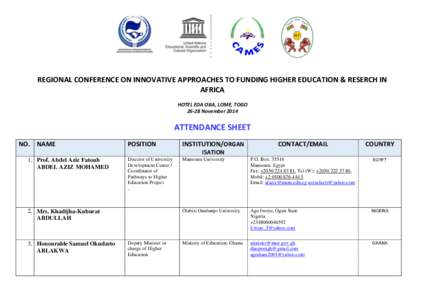 REGIONAL CONFERENCE ON INNOVATIVE APPROACHES TO FUNDING HIGHER EDUCATION & RESERCH IN AFRICA HOTEL EDA OBA, LOME, TOGO[removed]November[removed]ATTENDANCE SHEET