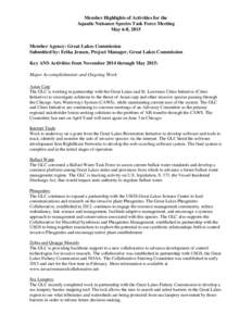 Member Highlights of Activities for the Aquatic Nuisance Species Task Force Meeting May 6-8, 2015 Member Agency: Great Lakes Commission Submitted by: Erika Jensen, Project Manager, Great Lakes Commission