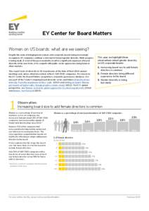 EY Center for Board Matters Women on US boards: what are we seeing? Despite the value of bringing more women onto corporate boards being increasingly recognized, US companies continue a slow march toward gender diversity