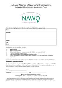 National Alliance of Women’s Organisations Individual Membership Application Form New Membership Application* / Membership Renewal* (*delete as appropriate) Name: Address :