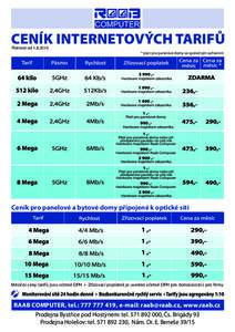 CENÍK INTERNETOVÝCH TARIFŮ Platnost od * platí pro panelové domy se společným zařízením  Ceník pro panelové a bytové domy připojené k optické síti