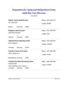 Department for Aging and Independent Living Adult Day Care Directory Social Model Ballard County Adult Day Care 307 Lake Drive