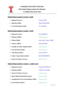 Tasmania University Union Inc 2015 Student Representative By Elections CANDIDATES ELECTED Student Representative Council - South  Regional Secretary