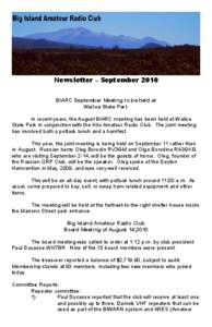 Newsletter – September 2010 BIARC September Meeting to be held at Wailoa State Park