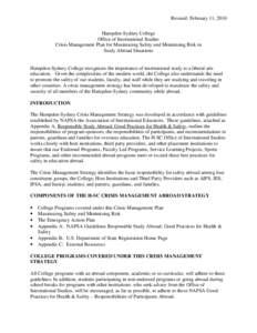 Revised: February 11, 2010 Hampden-Sydney College Office of International Studies Crisis Management Plan for Maximizing Safety and Minimizing Risk in Study Abroad Situations