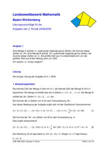 Landeswettbewerb Mathematik Baden-Württemberg Lösungsvorschläge für die Aufgaben der 2. RundeAufgabe 1