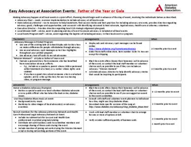 Easy Advocacy at Association Events: Father of the Year or Gala Making Advocacy happen at all local events is a joint effort. Planning should begin well in advance of the day of event, involving the individuals below as 