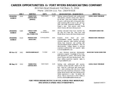 CAREER OPPORTUNITIES for FORT MYERS BROADCASTING COMPANY 2824 Palm Beach Boulevard Fort Myers, FL[removed]Phone: [removed]Fax: [removed]JOB #  JOBTITLE