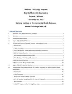 National Toxicology Program Board of Scientific Counselors Summary Minutes December 11, 2012 National Institute of Environmental Health Sciences Research Triangle Park, NC