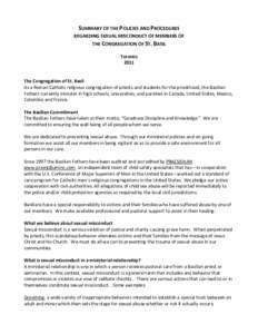 SUMMARY OF THE POLICIES AND PROCEDURES REGARDING SEXUAL MISCONDUCT OF MEMBERS OF THE CONGREGATION OF ST. BASIL Toronto 2011