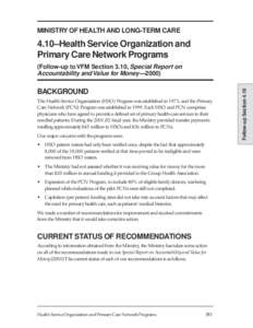 MINISTRY OF HEALTH AND LONG-TERM CARE  4.10–Health Service Organization and Primary Care Network Programs  BACKGROUND