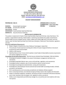 PUEBLO OF ISLETA HUMAN RESOURCES DEPARTMENT P.O. BOX 1270, ISLETA, NM[removed]PHONE: ([removed]FAX: ([removed]EMAIL: [removed] VACANCY ANNOUNCEMENT