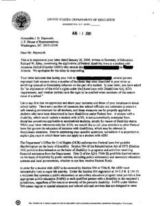 UNITED STATES DEPARTMENT OF EDUCATION WASHINGTON, D.C[removed]Honorable J. D. Hayworth U.S. House of Representatives Washington, DC[removed]