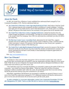 FACT SHEET  About the Funds In 2007, the United Way of Harrison County established four endowment funds managed by Your Community Foundation (YCF). The four endowment funds are:  The United Way of Harrison County Oper