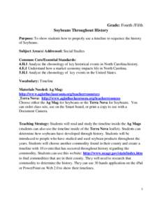 Grade: Fourth /Fifth Soybeans Throughout History Purpose: To show students how to properly use a timeline to sequence the history of Soybeans. Subject Area(s) Addressed: Social Studies Common Core/Essential Standards: