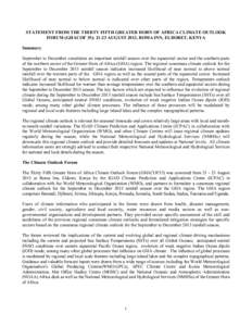 STATEMENT FROM THE THIRTY FIFTH GREATER HORN OF AFRICA CLIMATE OUTLOOK FORUM (GHACOF 35): 21-23 AUGUST 2013, BOMA INN, ELDORET, KENYA Summary September to December constitutes an important rainfall season over the equato