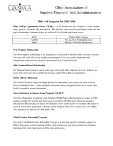 Ohio Association of Student Financial Aid Administrators Ohio Aid Programs for[removed]Ohio College Opportunity Grant (OCOG) - is for institutions that are public (main campus only), private, for-profit, and non-profit