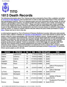 Tito 1813 Deaths  TITO 1813 Death Records The following information about Tito, Potenza has been extracted by Grace Olivo, publisher and editor of Comunes of Italy Magazine and is posted here in order to help other resea
