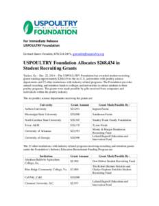 For Immediate Release USPOULTRY Foundation Contact Gwen Venable, [removed], [removed] USPOULTRY Foundation Allocates $268,434 in Student Recruiting Grants