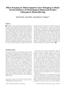 When Keeping in Mind Supports Later Bringing to Mind: Neural Markers of Phonological Rehearsal Predict Subsequent Remembering Lila Davachi1, Anat Maril2, and Anthony D. Wagner1,3  Abstract