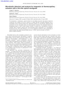 APPLIED PHYSICS LETTERS 86, 184101 共2005兲  Microfluidic detection and analysis by integration of thermocapillary actuation with a thin-film optical waveguide Joseph P. Valentino Department of Electrical Engineering, 