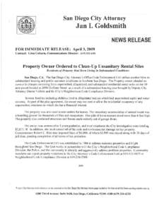 San Diego City Attorney  Jan I. Goldsmith NEWS RELEASE FOR IMMEDIATE RELEASE: April 3, 2009 Contact: Gina Coburn, Communications Director: ([removed]