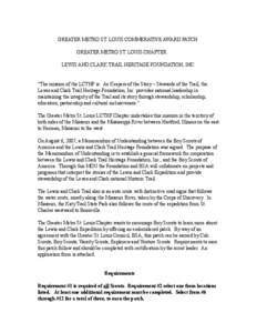 GREATER METRO ST. LOUIS COMMERATIVE AWARD PATCH GREATER METRO ST. LOUIS CHAPTER LEWIS AND CLARK TRAIL HERITAGE FOUNDATION, INC. “The mission of the LCTHF is: As Keepers of the Story – Stewards of the Trail, the Lewis