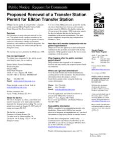 Public Notice: Request for Comments  Proposed Renewal of a Transfer Station Permit for Elkton Transfer Station DEQ invites the public to submit written comment on the proposed Elkton Transfer Station Solid